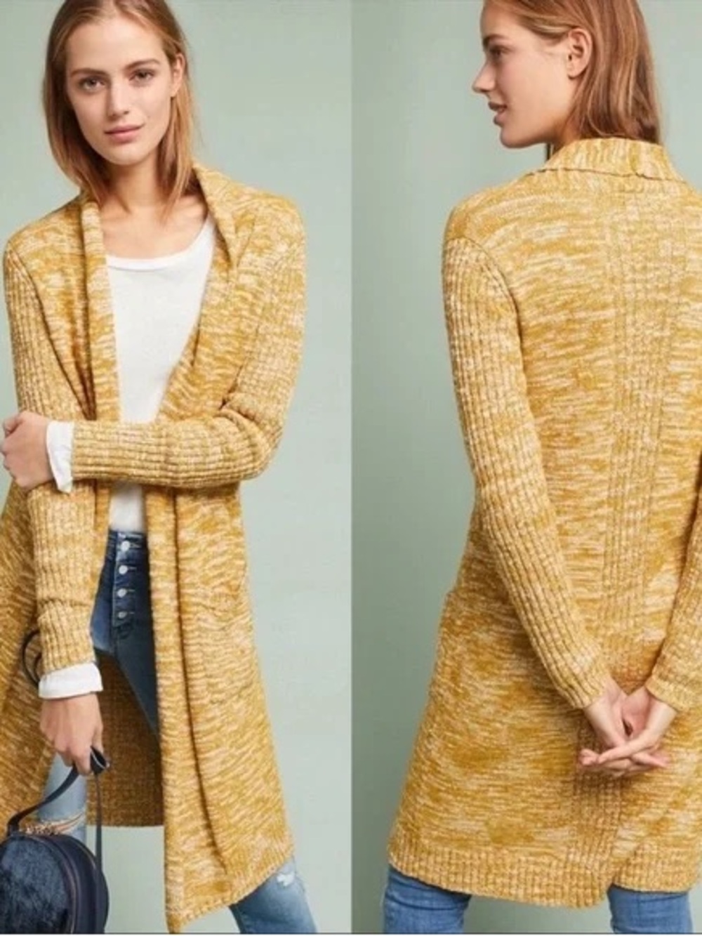 Anthropologie Sweater Medium Mustard Yellow Abigail Cardigan Open Duster Boho